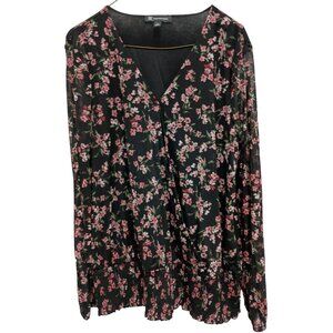 INC International Concept Womens Top Large Black Ditsy Floral Faux Wrap BOHO NEW